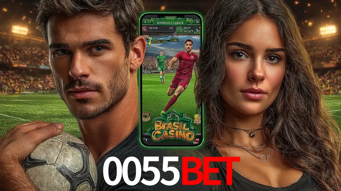 Homem segurando uma bola de futebol e uma mulher ao lado de um smartphone exibindo o jogo de apostas esportivas da 0055bet. Faça seu palpite no cassino online.
